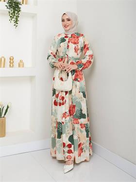 Yarım Pat Düğmeli Tesettür Elbise 2276 Bordo