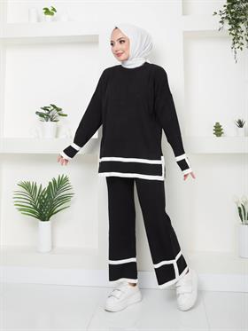 Yırtmaç Ve Şerit Detaylı Tesettür Triko Kombin 5041 Siyah