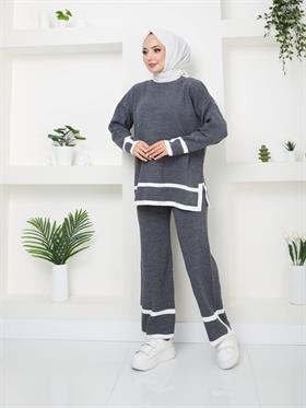 Yırtmaç Ve Şerit Detaylı Tesettür Triko Kombin 5041 Füme