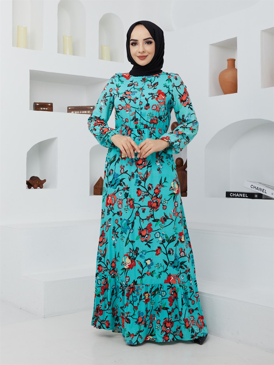 Bahar Dalı Desenli Tesettür Elbise BLB 8800-63 Mint