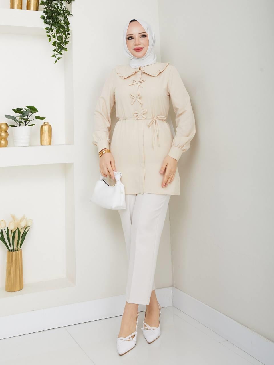 Bebe Yaka Fiyonklu Tesettür Tunik 2280 Bej