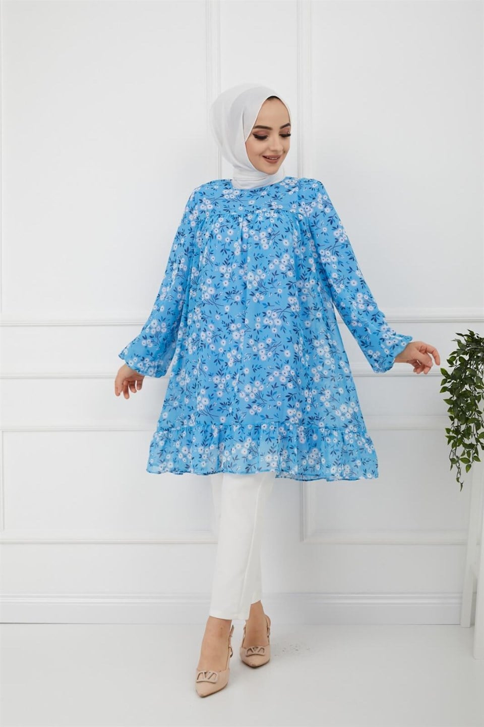 Çiçek Desenli Şifon Tunik 7034 Bebe Mavisi