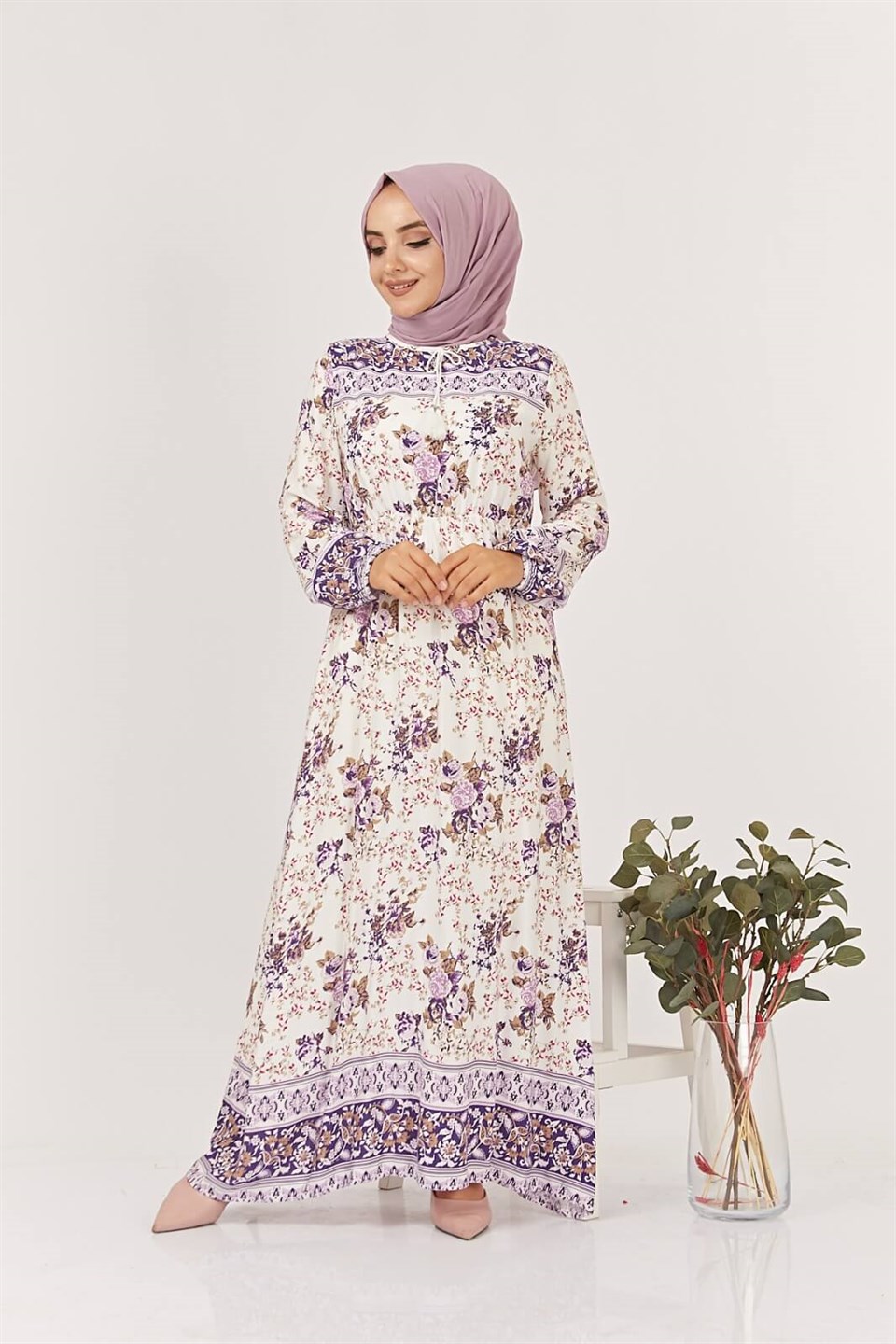 Çiçekli Desen Tesettür Elbise 7149 Mor