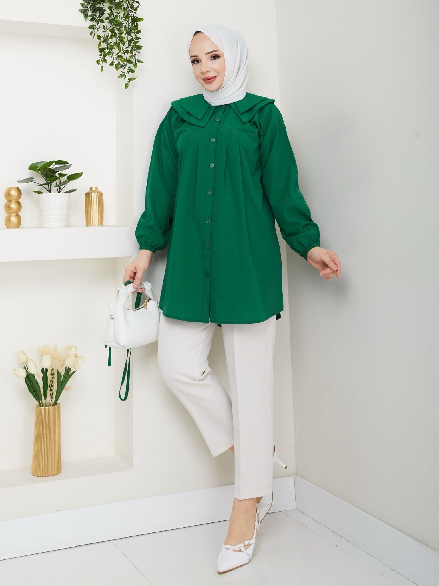 Çift Katlı Bebe Yaka Tesettür Tunik 2275 Zümrüt Yeşili