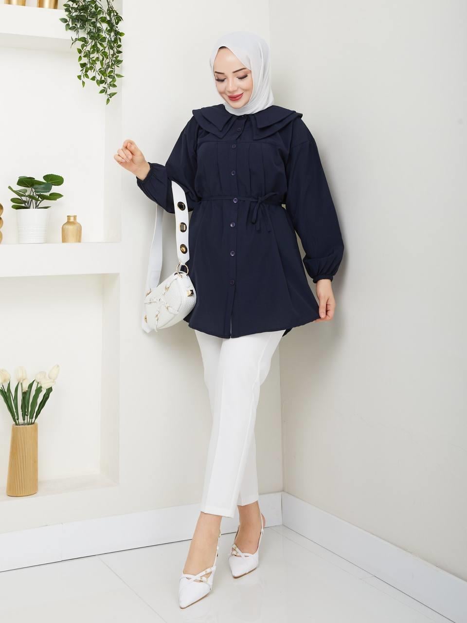 Çift Katlı Bebe Yaka Tesettür Tunik 2275 Lacivert