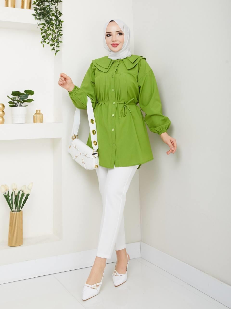 Çift Katlı Bebe Yaka Tesettür Tunik 2275 Yağ Yeşili