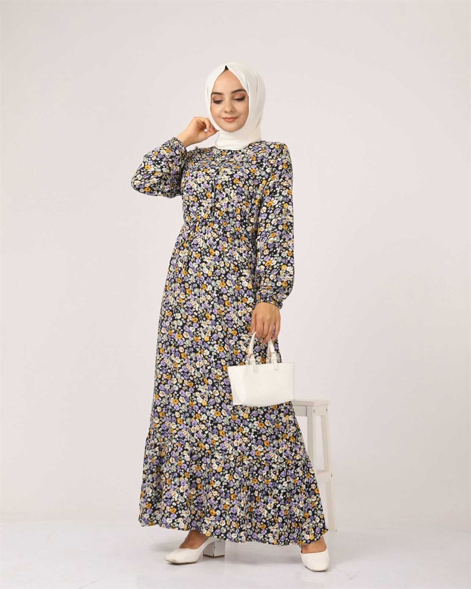 Çıtır Çiçek Desen Tesettür Elbise BLB 8800-36 Mor