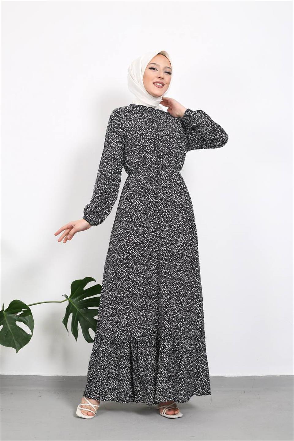 Çıtır Çiçek Desen Tesettür Elbise BLB 8800-65 Siyah