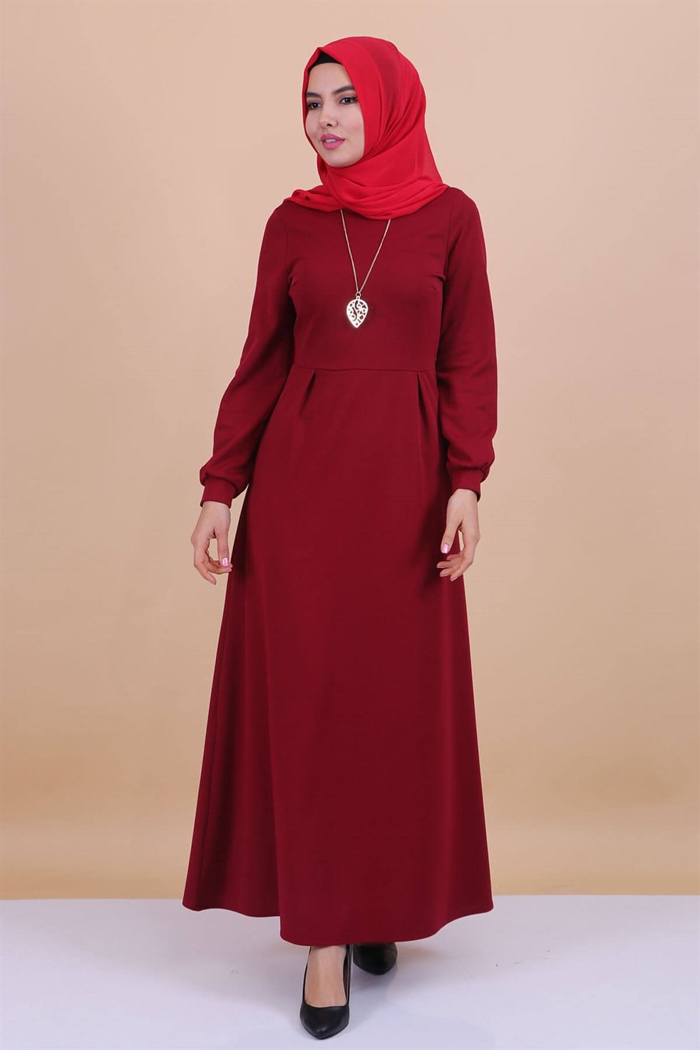 Damla Kolyeli Tesettür Elbise Bordo