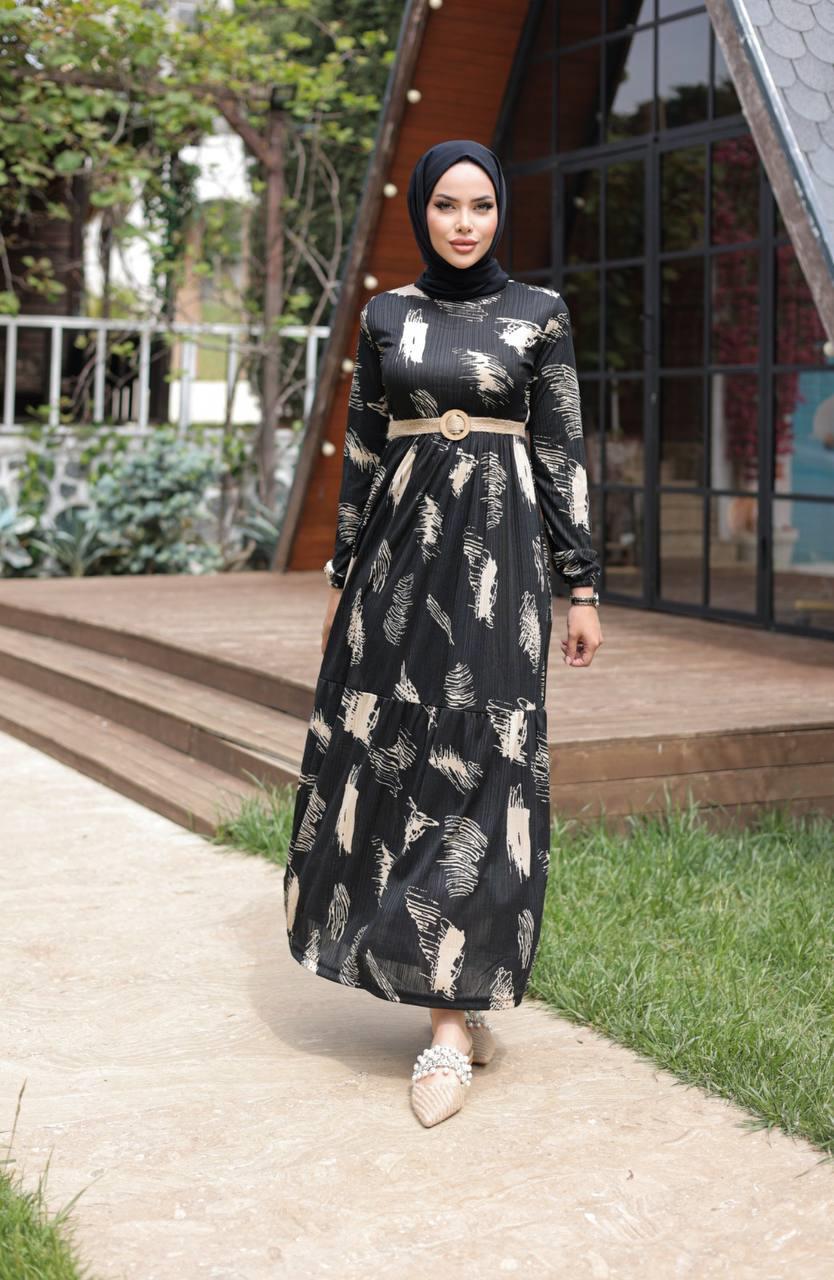 Fırça Desenli Hasır Kemerli Tesettür Elbise 2258 Siyah