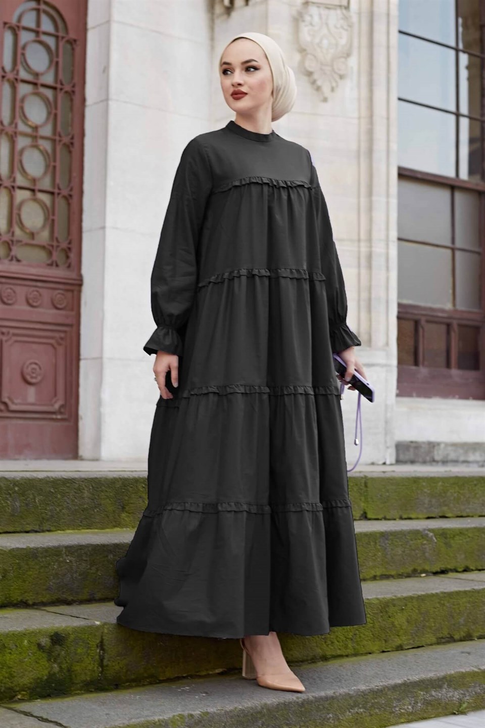 Fırfırlı Salaş Tesettür Elbise 10253 Siyah