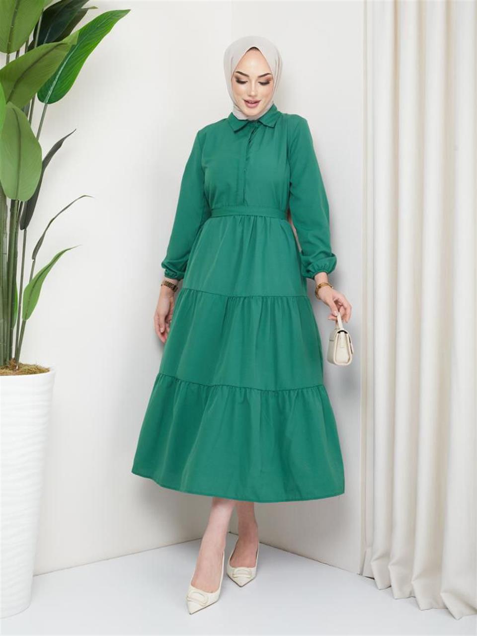 Fırfırlı Tesettür Elbise 10824 Zümrüt Yeşili
