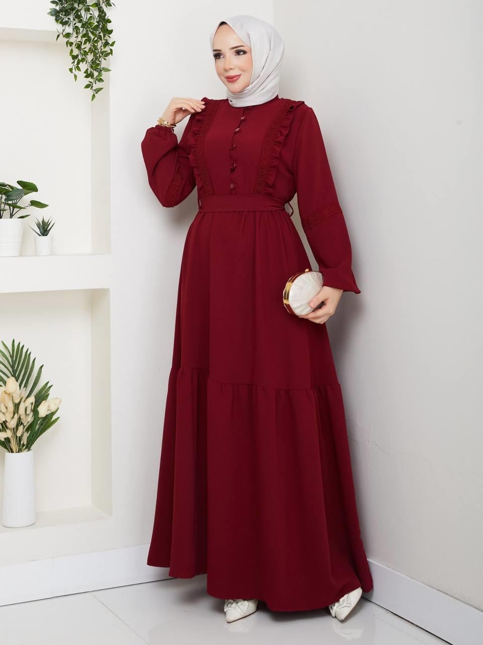 Fırfırlı Tesettür Elbise 2290 Bordo