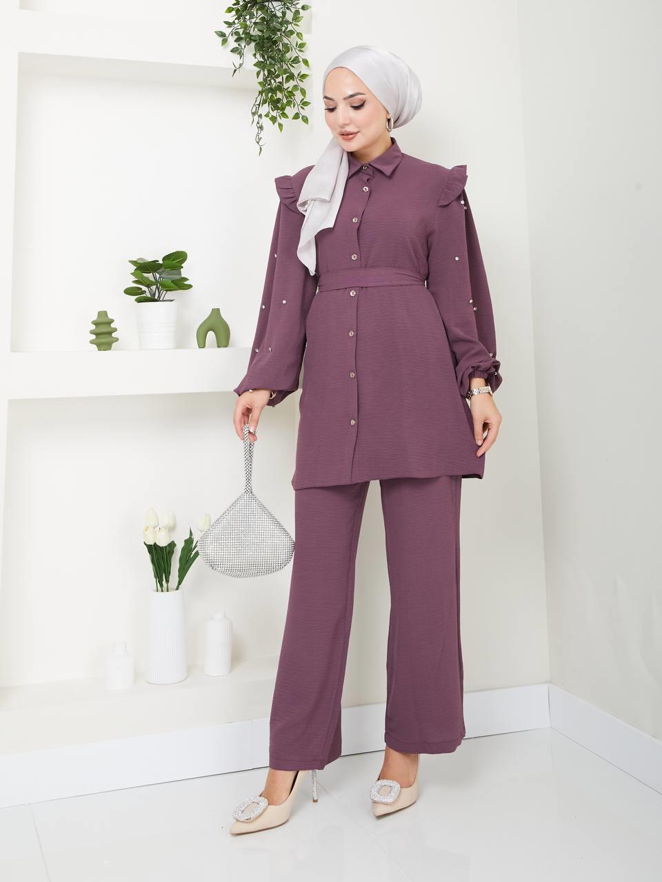 Fırfırlı Tunik Pantolon Kombin 5028 Mürdüm