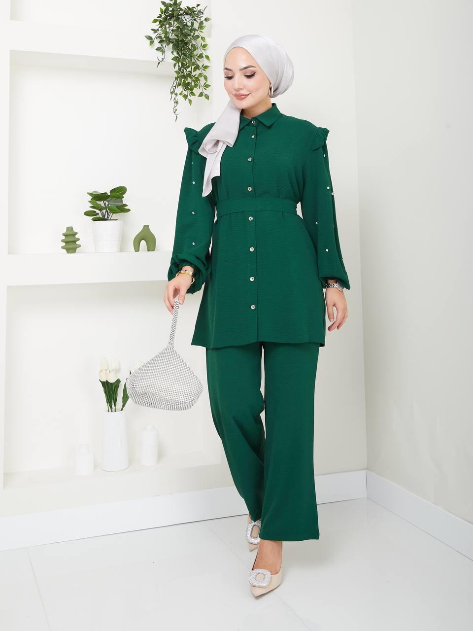Fırfırlı Tunik Pantolon Kombin 5028 Zümrüt Yeşili