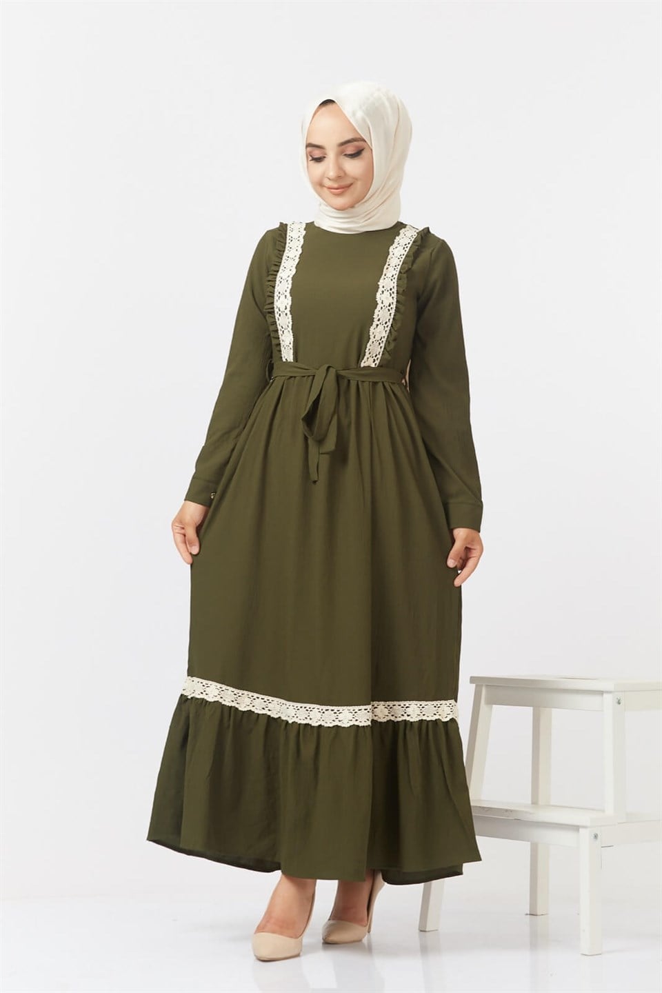 Fisto Şeritli Tesettür Elbise 0243 Haki