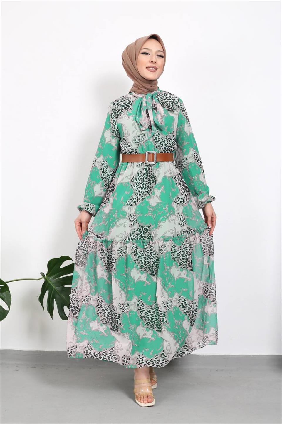 Fularlı Şifon Tesettür Elbise 2221 Mint