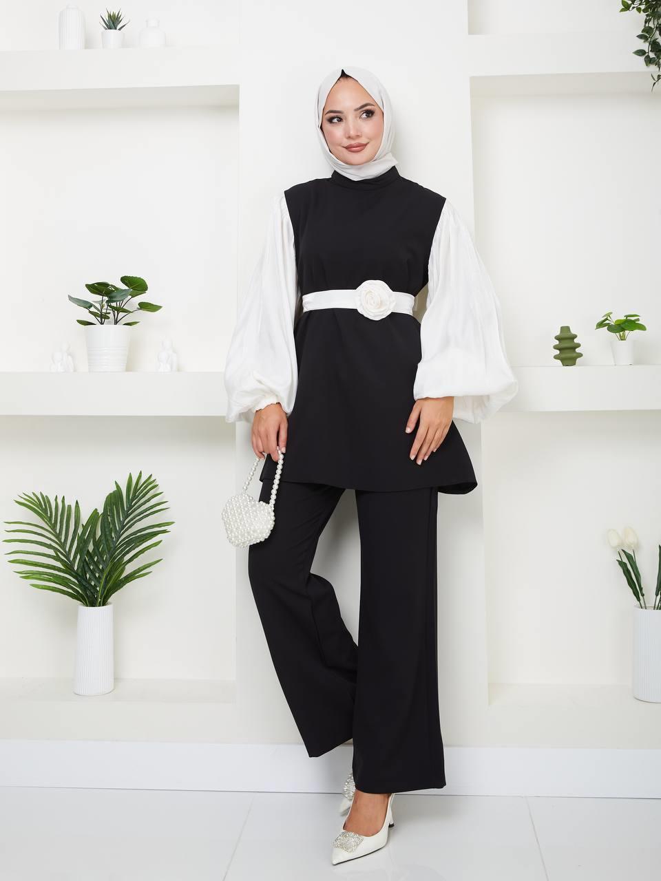 Gül Detaylı Tesettür Kombin 5044 Siyah