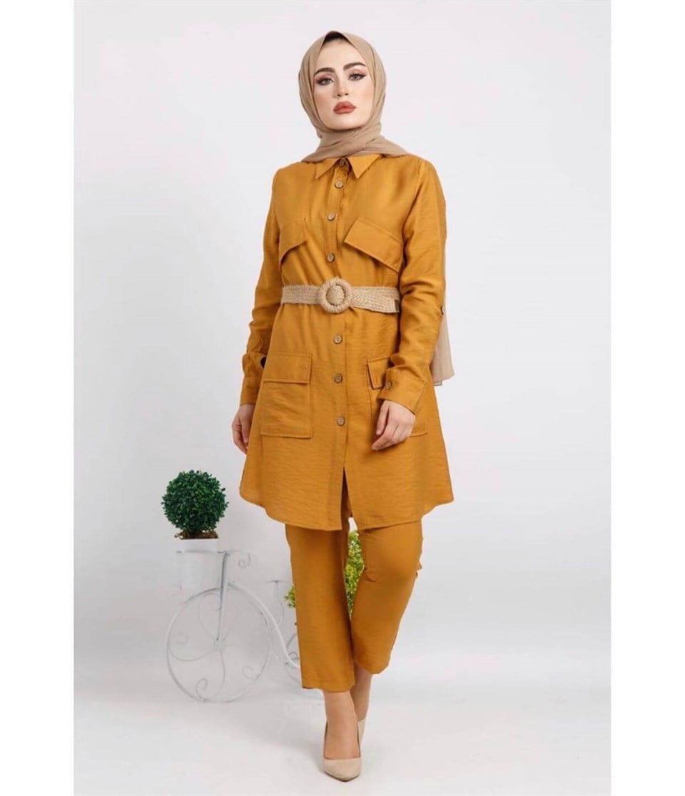 Hasır Kemerli Tunik Pantolon 5826 Hardal