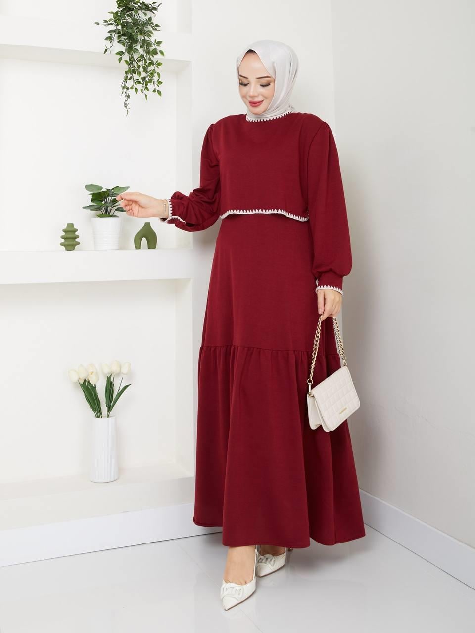 İki İplik Tesettür Elbise 5046 Bordo