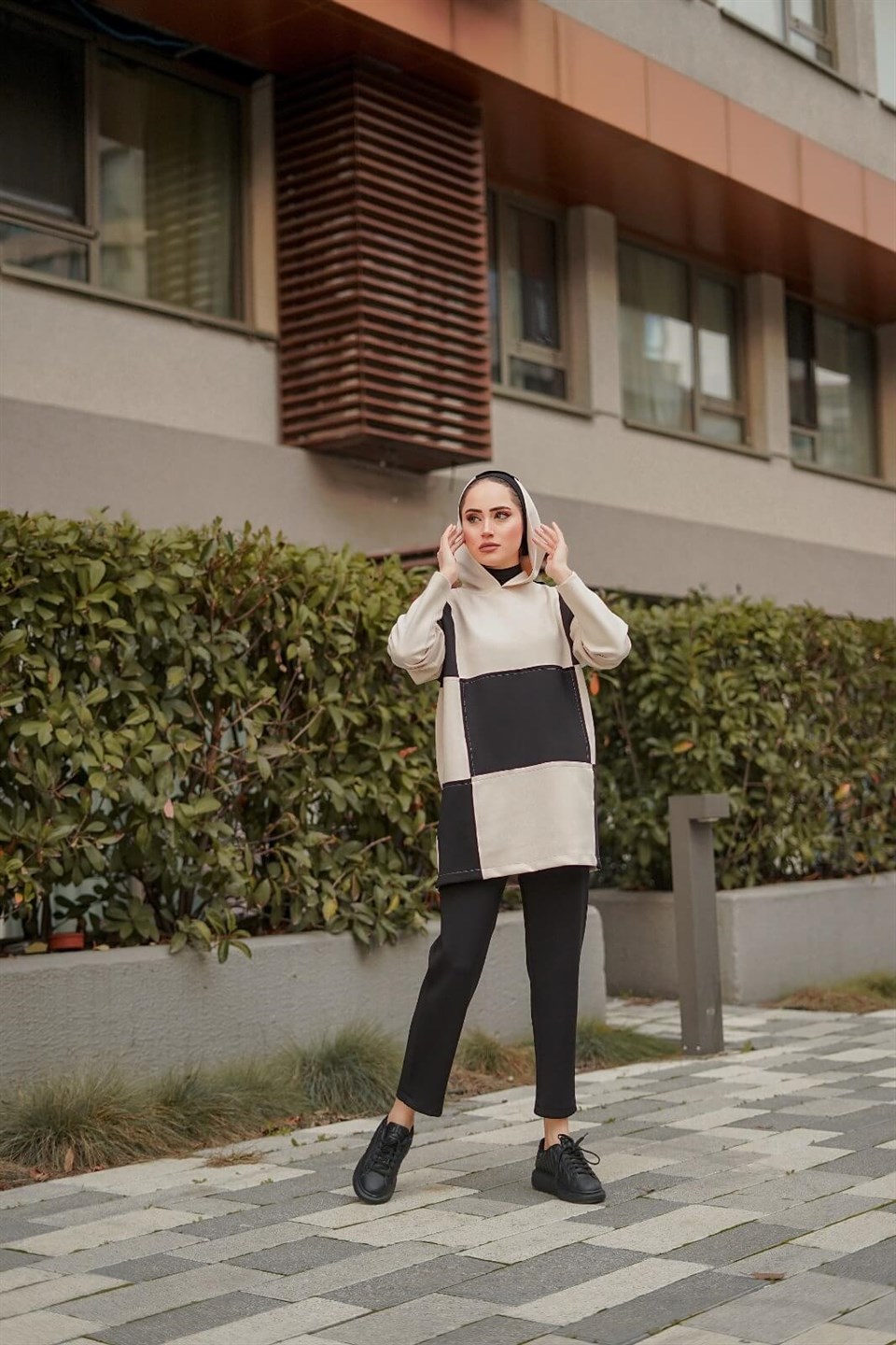 Kare Garnili Kapşonlu 2'li Takım 10674 Siyah