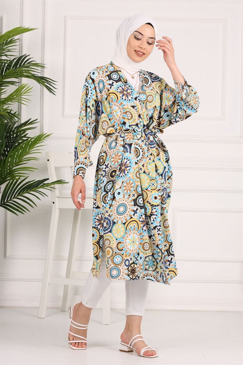 Kuşak Kemerli Tesettür Kimono 10459 Desen1