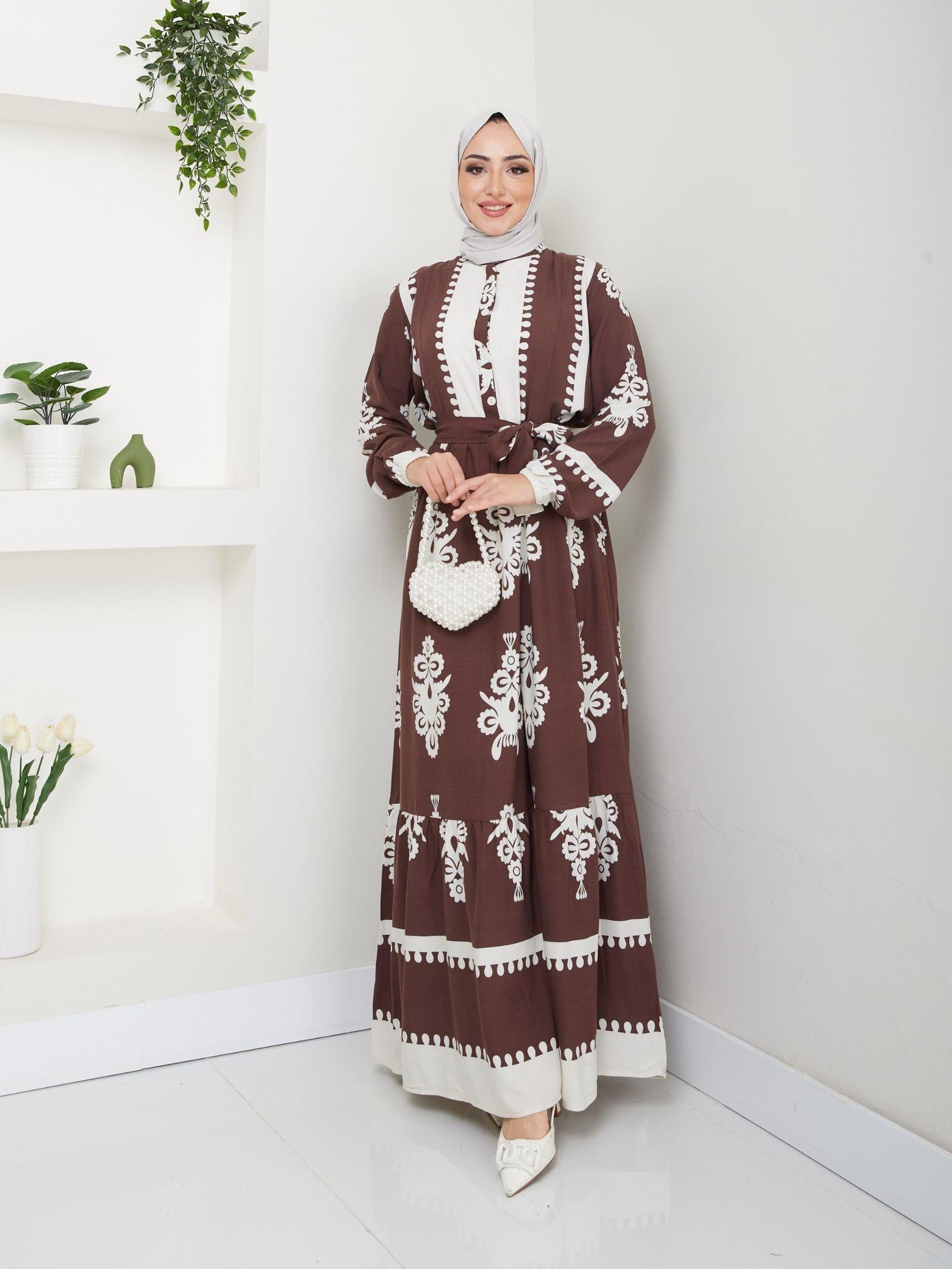 Kuşaklı Salaş Tesettür Elbise 2263 Kahverengi