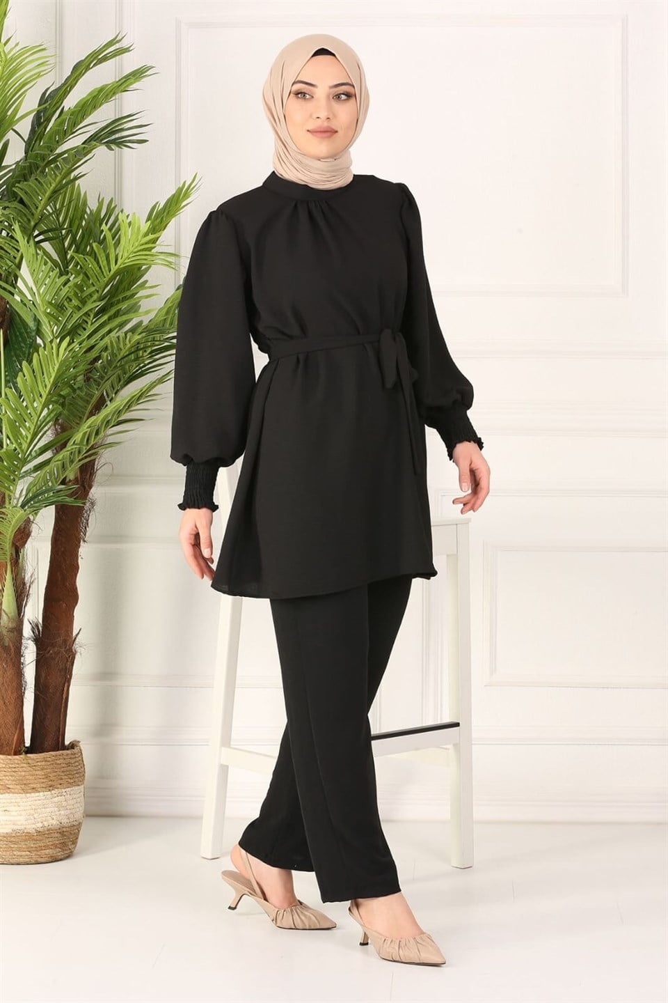 Kuşaklı Tunik Pantolon Kombin 7165 Siyah