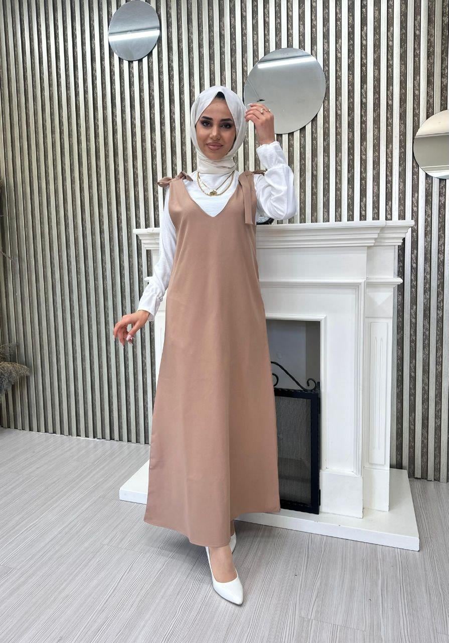 Omuzları Bağlamalı Jile Elbise 6097 Bej
