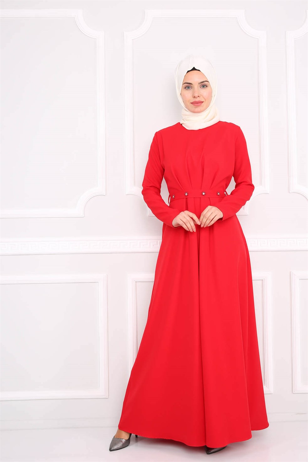Pileli Tesettür Elbise 5618 Kırmızı