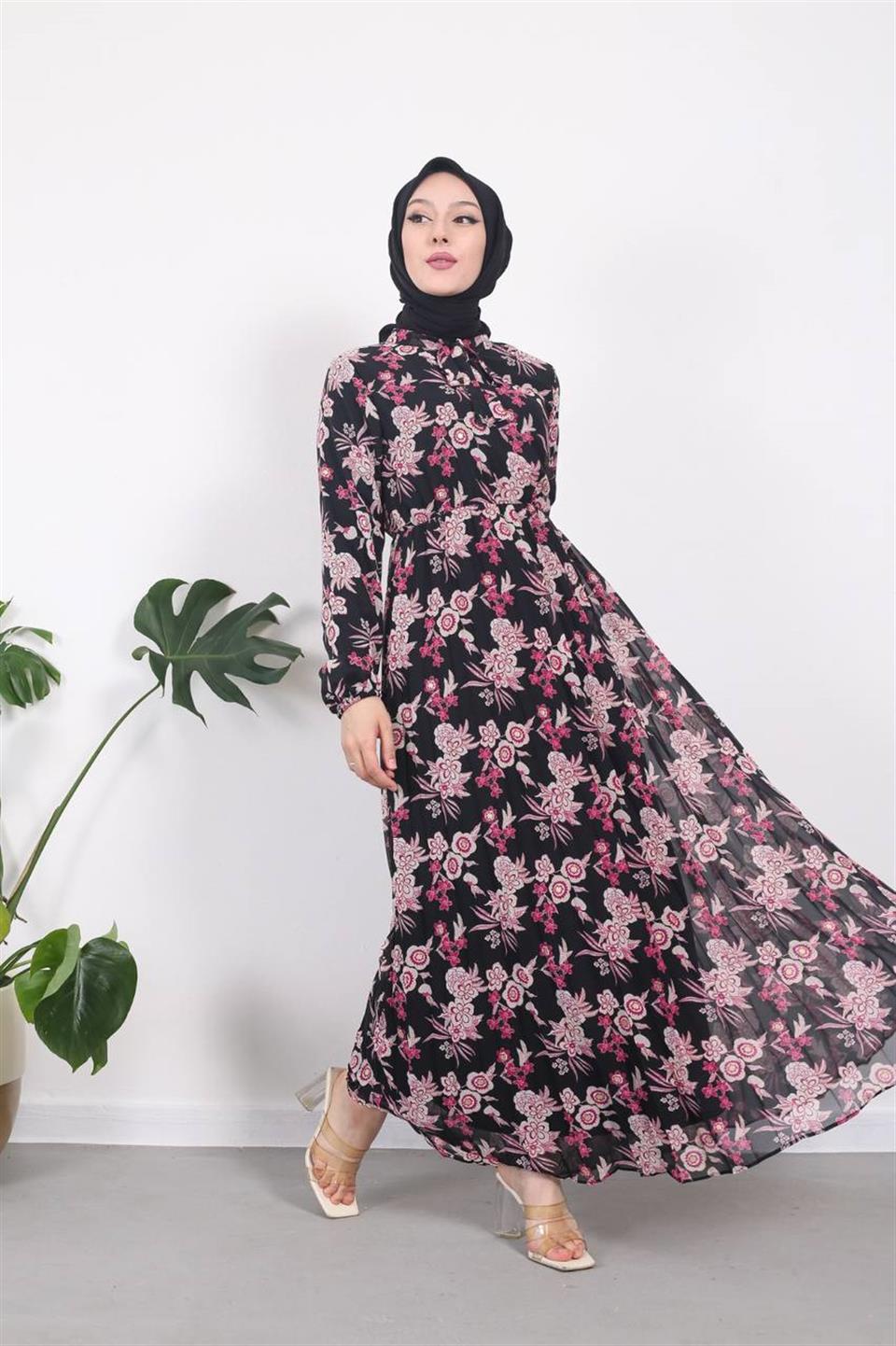 Piliseli Şifon Tesettür Elbise 2213 Pembe