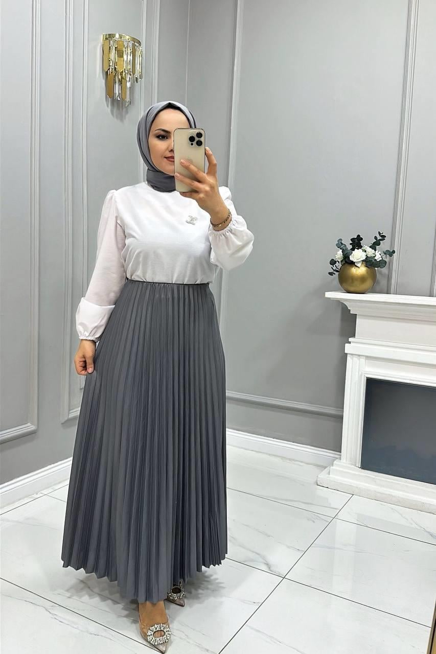 Piliseli Tesettür Etek 2257 Gri