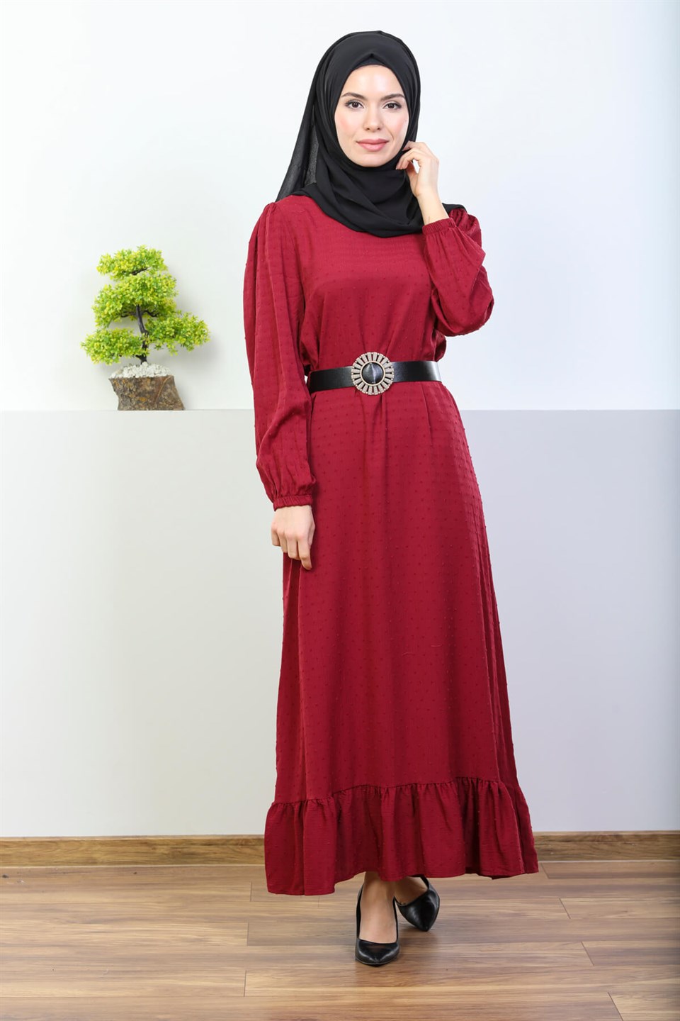 Ponponlu Viskon Tesettür Elbise 7048 Bordo