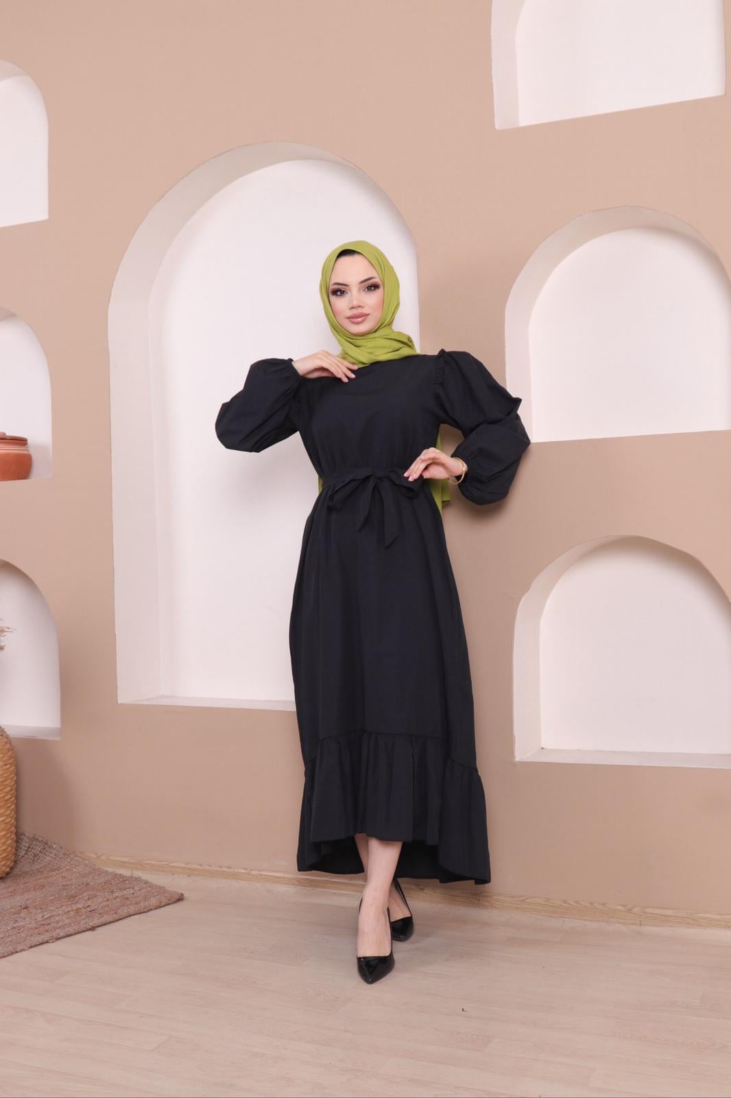 Rahat Kalıp Fırfırlı Tesettür Elbise 4013 Siyah