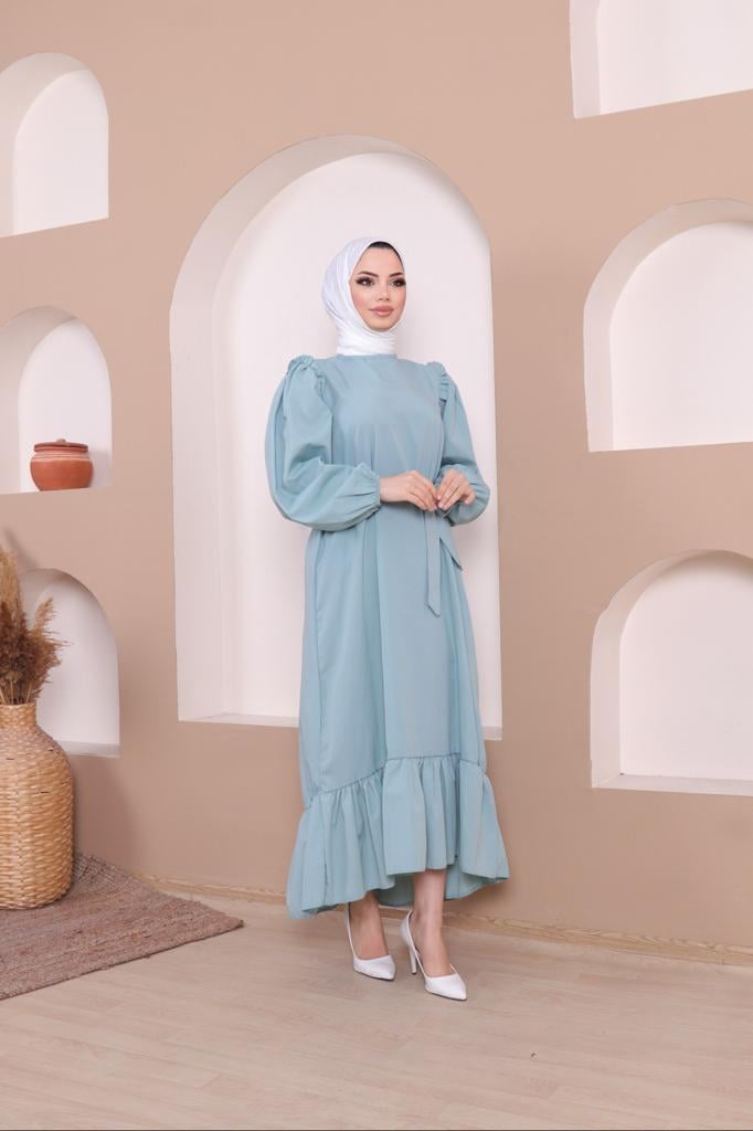 Rahat Kalıp Fırfırlı Tesettür Elbise 4013 Mint