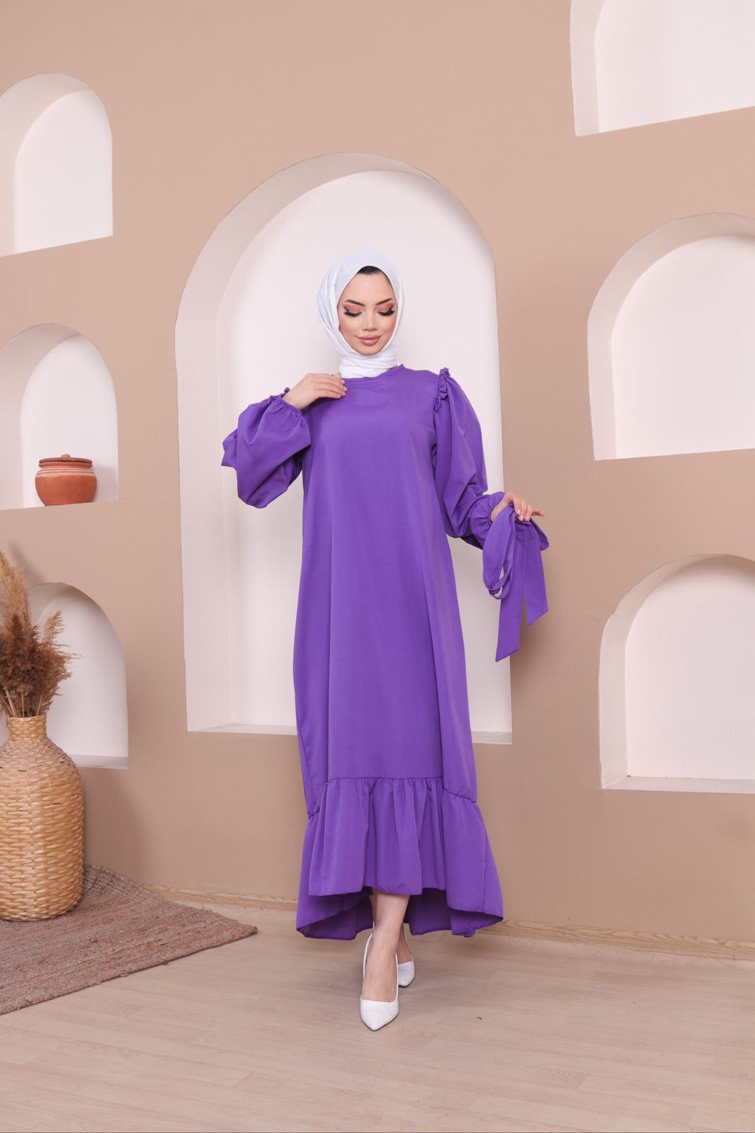 Rahat Kalıp Fırfırlı Tesettür Elbise 4013 Lila