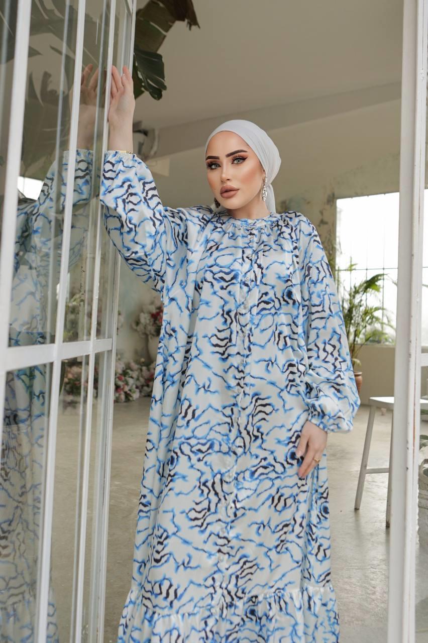 Rahat Kalıp Saten Tesettür Elbise 2256 Mavi