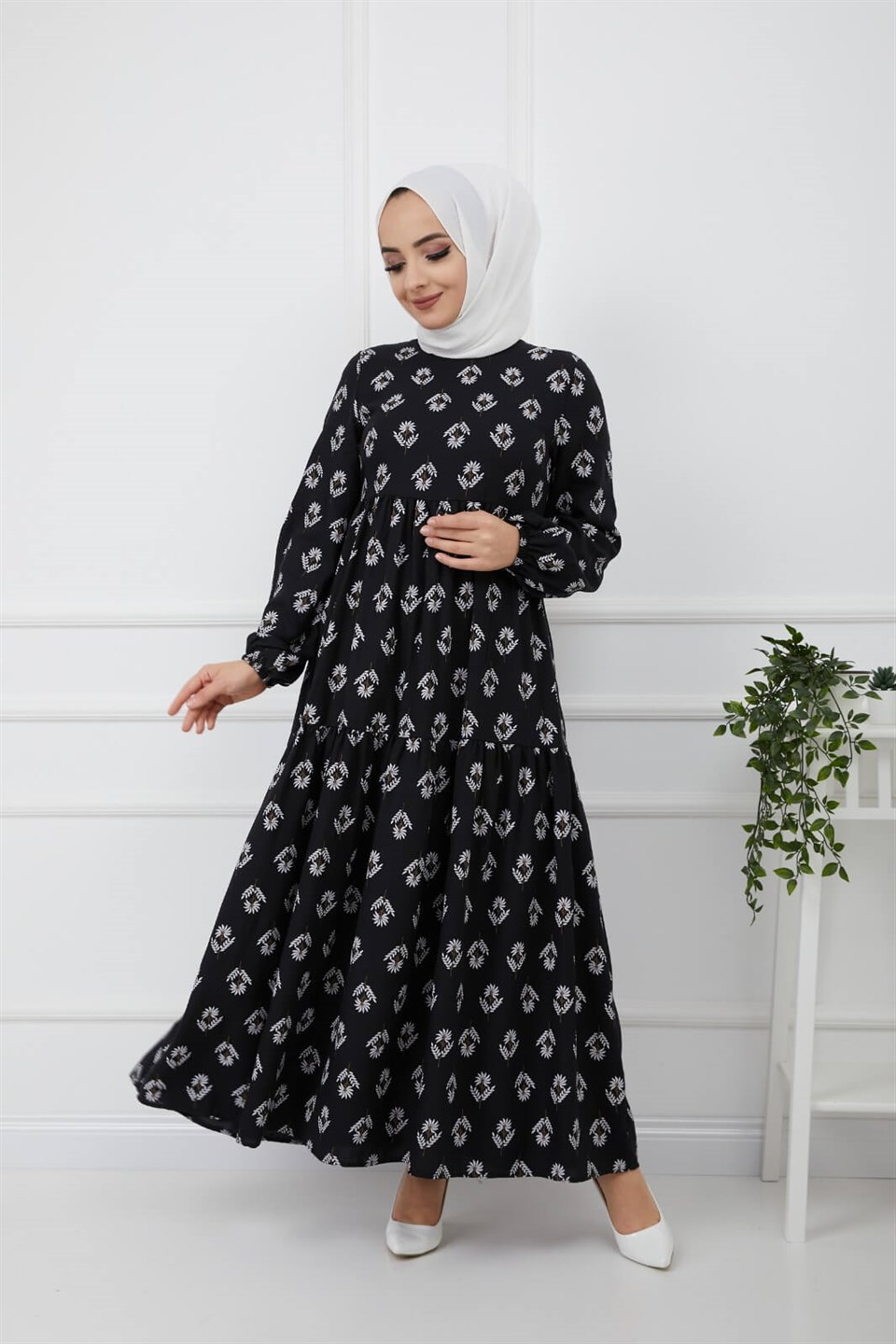 Rahat Kalıp Tesettür Elbise 7202 Desen3 Siyah