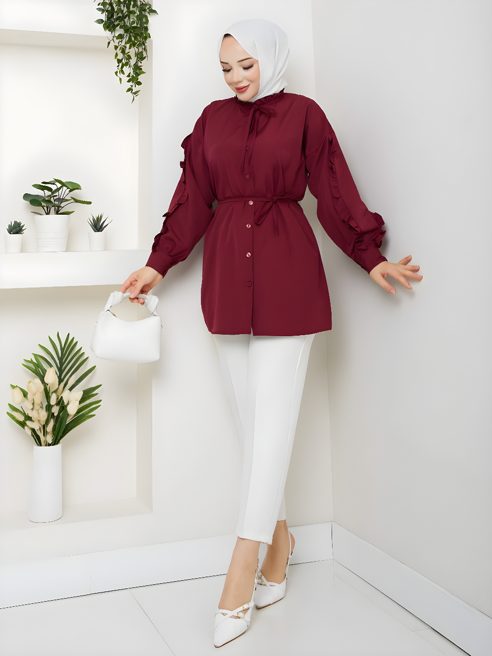 SEDA KOLU FIRFIRLI TUNİK BORDO