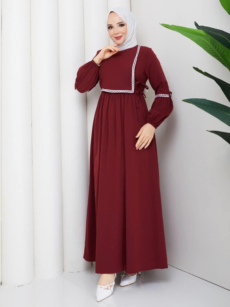 Şerit Detaylı Tesettür Elbise 2288 Bordo
