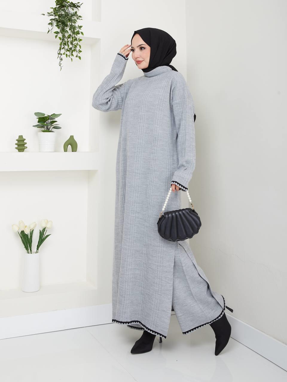 Şeritli Elbise Pantolon Tesettür Triko Kombin 2261 Gri
