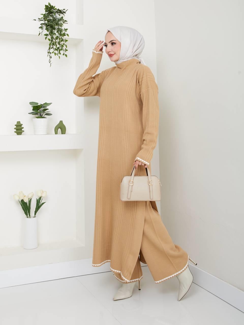 Şeritli Elbise Pantolon Tesettür Triko Kombin 2261 Bej