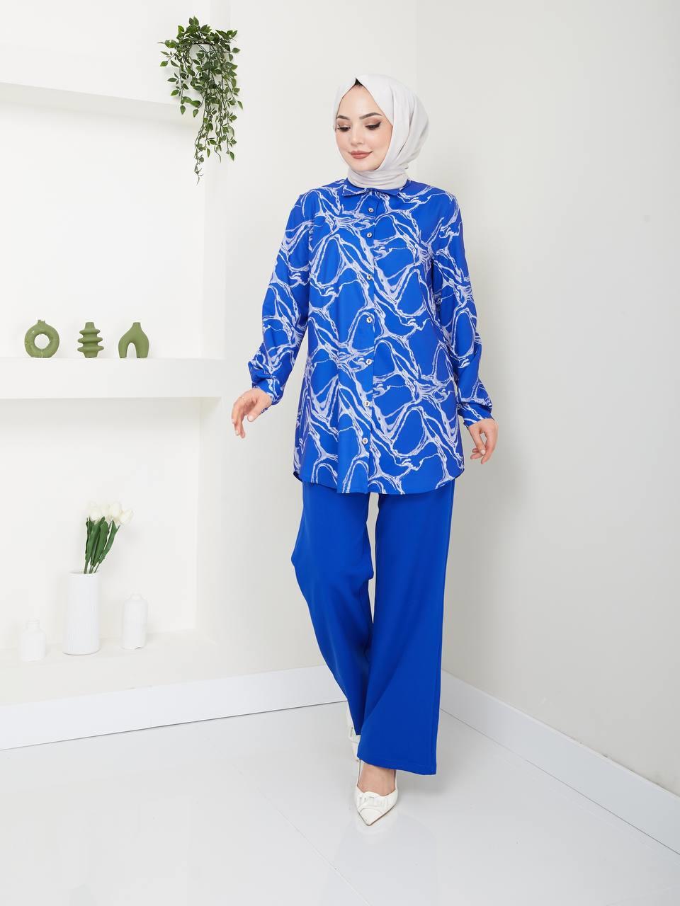 Taş Desenli Tunik Pantolon Kombin 5023 Saks