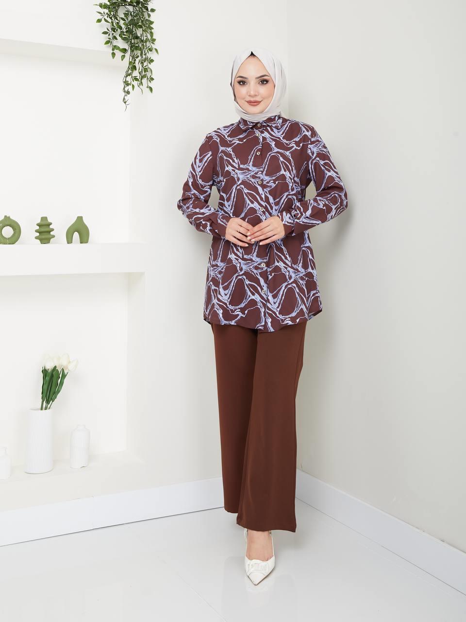Taş Desenli Tunik Pantolon Kombin 5023 Taba