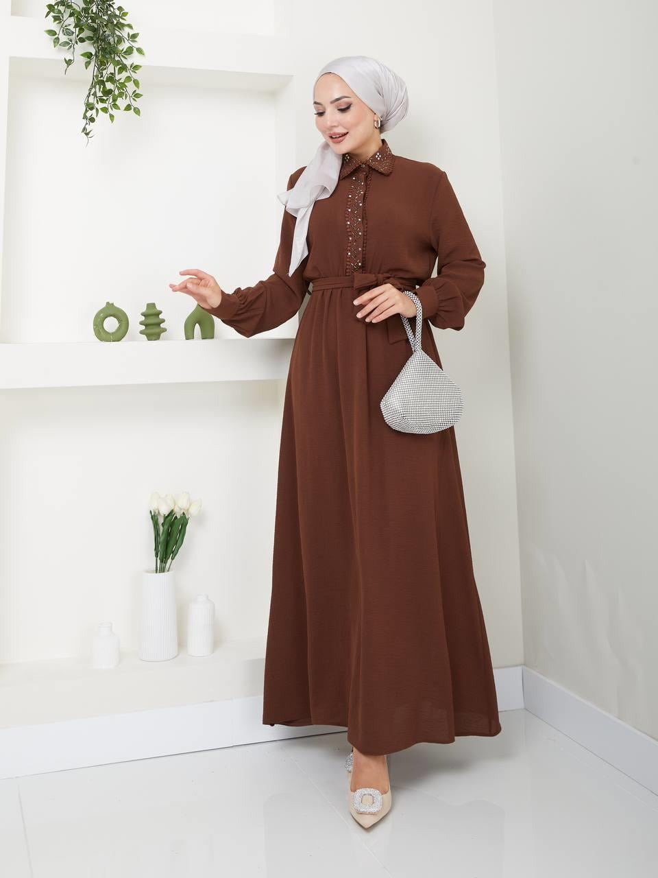 Taş Detaylı Tesettür Elbise 5027 Taba