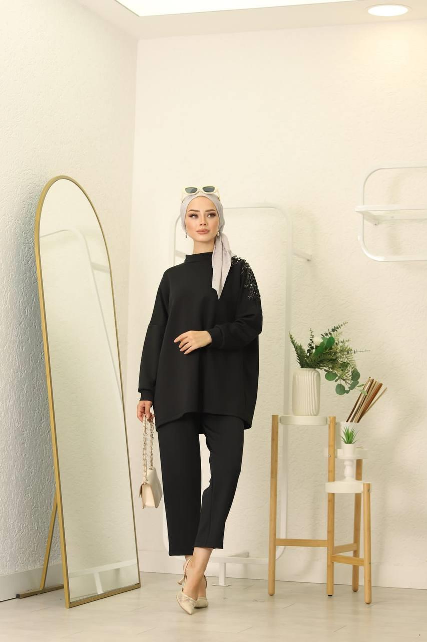 Taşlı Tunik Pantolon Tesettür Kombin 2248 Siyah