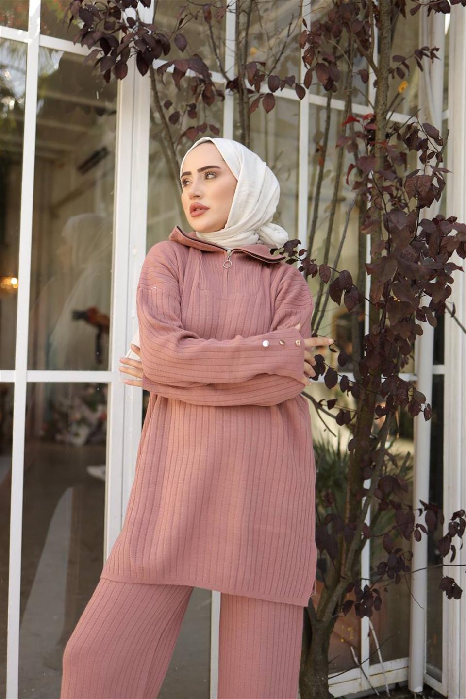 Yakası Fermuarlı Tesettür Triko 2'li Takım 3002 Gül Kurusu