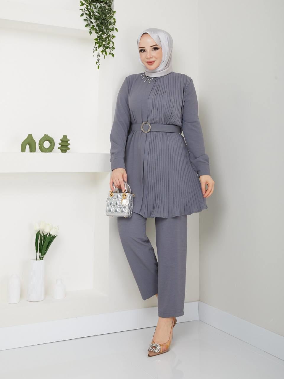 Yakası Taşlı Piliseli Tunik Pantolon Tesettür Kombin 5036 Gri