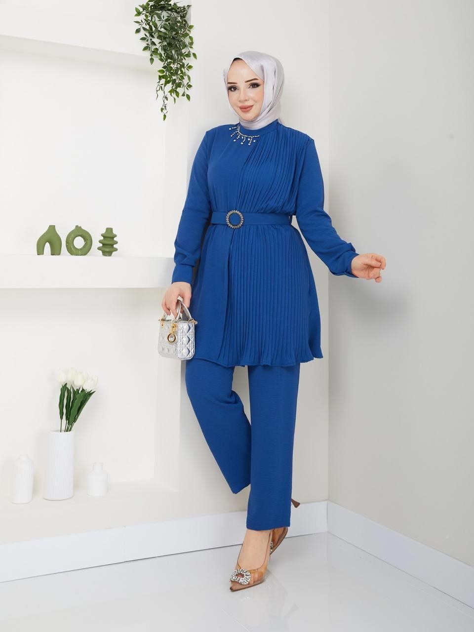 Yakası Taşlı Piliseli Tunik Pantolon Tesettür Kombin 5036 Saks Mavisi