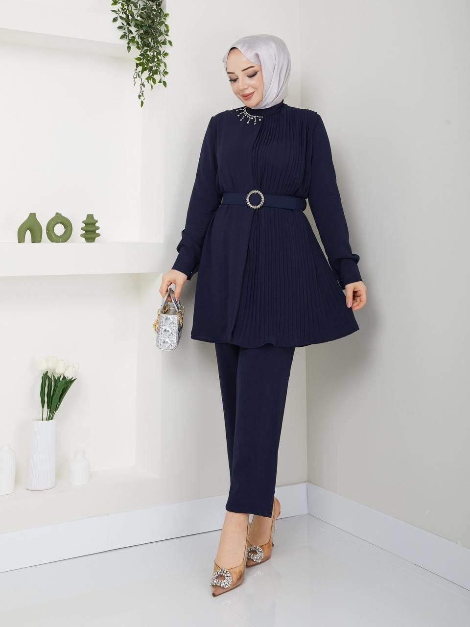 Yakası Taşlı Piliseli Tunik Pantolon Tesettür Kombin 5036 Lacivert